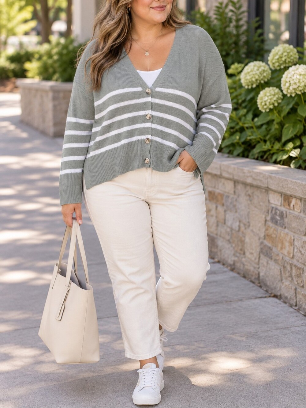 Moon & Madison 100% Cotton Sage Green White Stripe V-Neck Button Cardigan Preppy